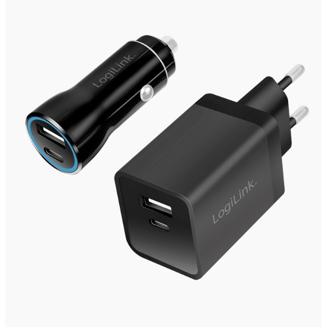 Logilink USB töltőkészlet, autós és váltóáramú, USB-C/F + USB-A/F 5 V/15 W fekete (PA0300) (PA0300)