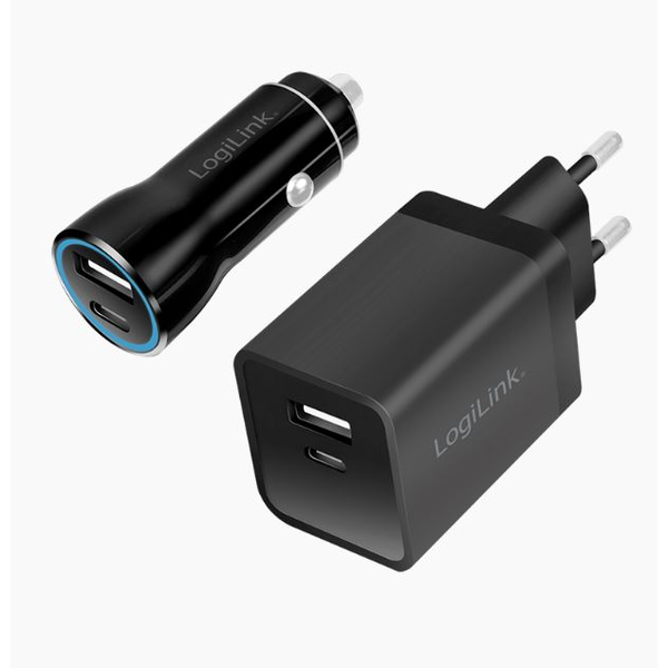 Logilink USB töltőkészlet, autós és váltóáramú, USB-C/F + USB-A/F 5 V/15 W fekete (PA0300)