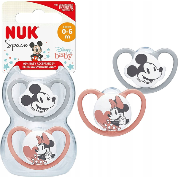 Nuk Space Mickey cumi, szilikon, 0-6 hónapos, fogszabályzós forma, 2 db/doboz készlet, piros/szürke