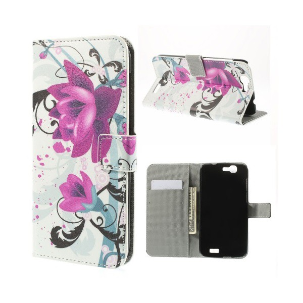 Tok álló, bőr hatású (FLIP, oldalra nyíló, asztali tartó funkció, lótuszvirág minta) FEHÉR [Huawei Ascend G7] (5996457503209)