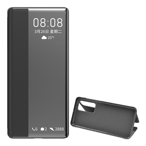 Tok álló, bőr hatású (FLIP, oldalra nyíló, asztali tartó funkció, hívószámkijelzés, Window) FEKETE [Huawei P40] (5996457965311)