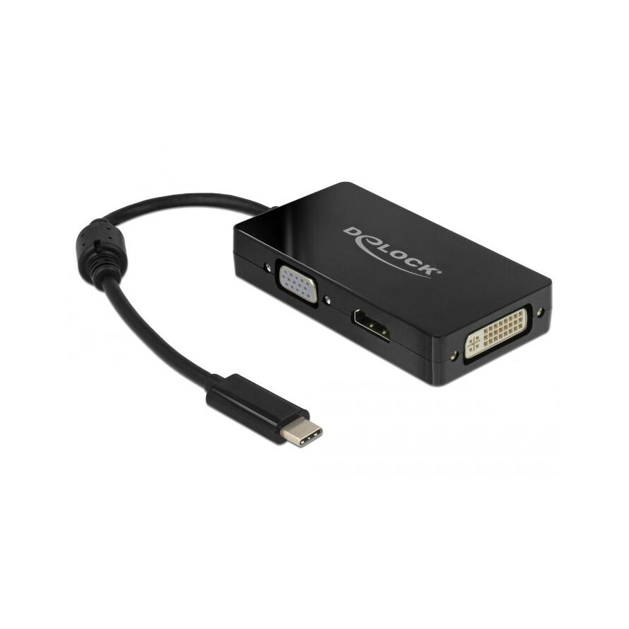 Delock USB-C -> VGA HDMI DVI M/F adapter 0.2m fekete (63925)