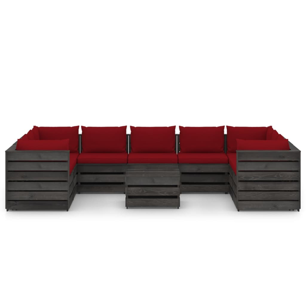 Set mobilier grădină cu perne, 10 piese, gri, lemn tratat