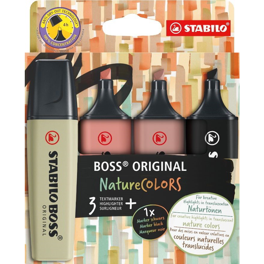STABILO BOSS ORIGINAL NatureColors szövegkiemelő 4 dB Vésőhegyű Fekete, Bronz, Barna, Zöld (70/4-2-3)