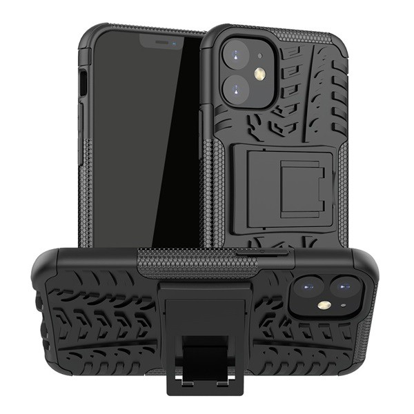 Defender műanyag telefonvédő (közepesen ütésálló, szilikon belső, kitámasztó, autógumi minta) FEKETE [Apple iPhone 12 mini] (5996457997848)