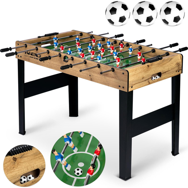 Csocsóasztal, Neo-Sport NS-805, zöld/fa, 115 x 60 x 78 cm, állítható lábak, 22 játékos, 3 labda, 8 krómozott rúd, csúszásgátló fogantyúk, kézi számláló