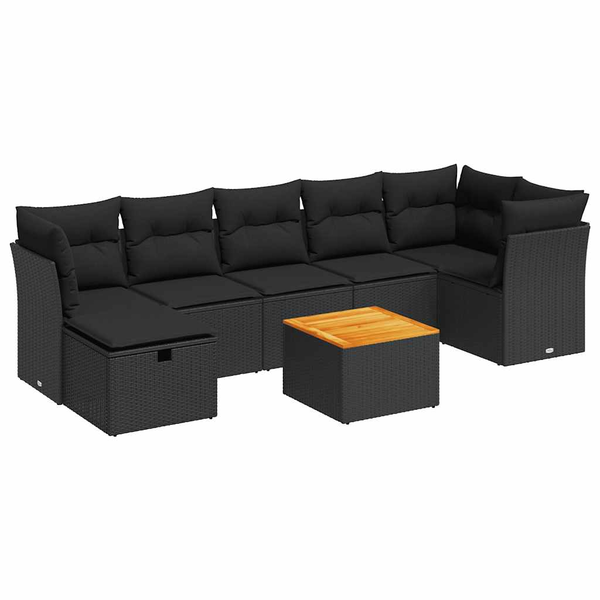 8 részes fekete polyrattan kerti ülőgarnitúra párnákkal