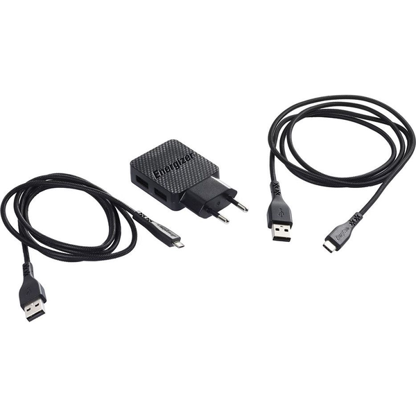 Energizer fali töltő 2x USB 2.4A+ USB-C 2.0 kábel + MicroUSB kábel fekete