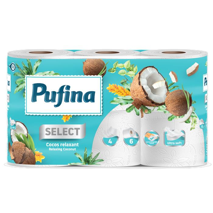 Pehart Tec Grup S.A.Pufina Relaxing Coconut 4 rétegű Toalettpapír Kókusz illar (6 tekercs) (PP20790)