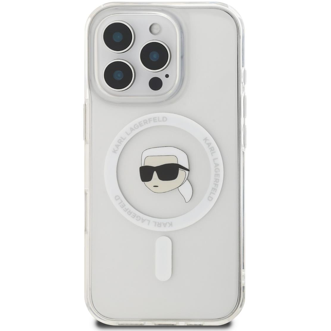 Karl Lagerfeld IML Karl Head Metal Frame MagSafe iPhone 16 Pro átlátszó tok (KLHMP16LHLSKIH)