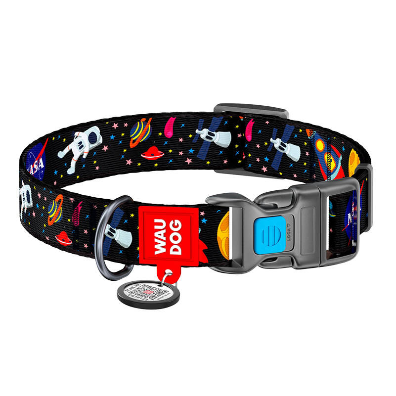 Waudog Nasa Nylon Kutyanyakörv QR kóddal (XL) 37-58 cm - Fekete mintás (4756)