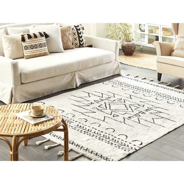 Alfombra De Algodón Blanco Crema Negro 160 X 230 Cm Geométrico Borlas Khouribga - Blanco
