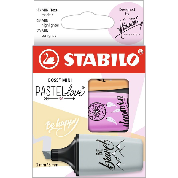 Маркери за текст Stabilo Boss mini Pastellove, 3 цвята/комплект, Оранжев, Фуксия, Сив, Картонена кутия