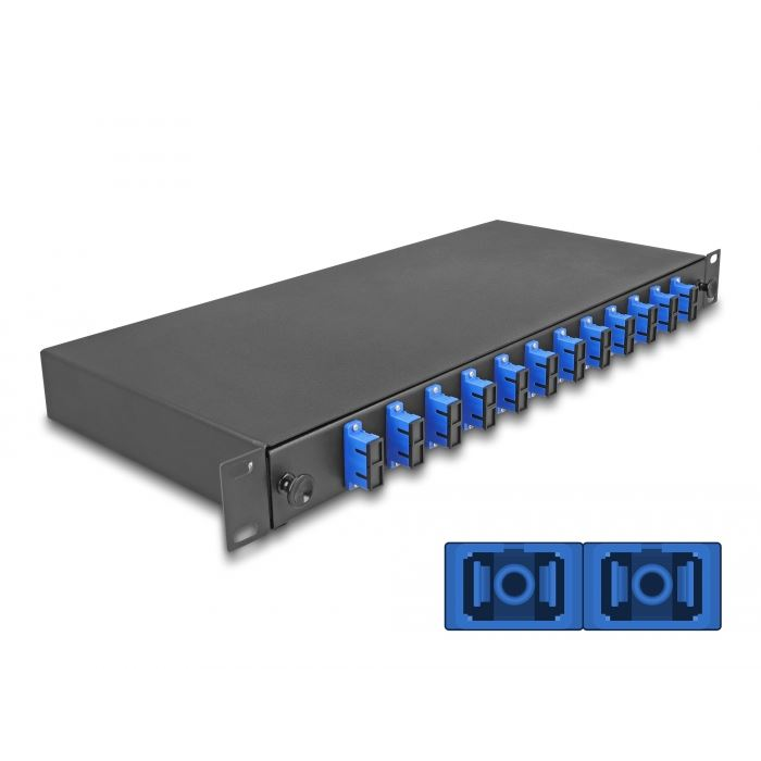 Delock 19” hosszú sínekbe rögzítéshez optikai szálösszefűző doboz, 12db SC Duplex OS2 1U, kompletten összeszerelve (67006) (delock67006)