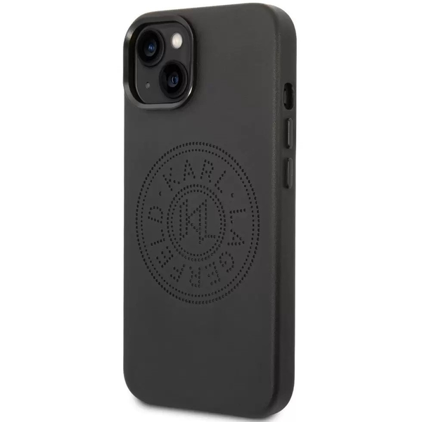Apple iPhone 14 Plus, пластмасов заден капак + силиконова рамка, заден капак с ефект на кожа, шарка на логото на Karl Lagerfeld, перфорирано лого от кожа на Karl Lagerfeld, черен (XP126702)
