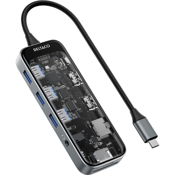 Deltaco Transparent USB-C Hub, 8 ports, card readers