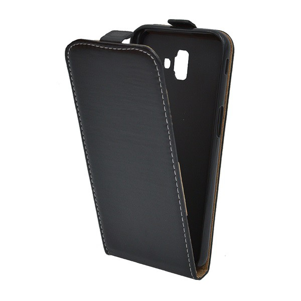 Tok álló, bőr hatású (FLIP, lefelé nyíló, szilikon tartó) FEKETE [Samsung Galaxy J6 Plus (SM-J610F)]