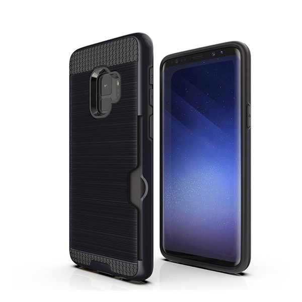 Műanyag telefonvédő (szilikon belső, közepesen ütésálló, bankkártya tartó, szálcsiszolt minta) FEKETE [Samsung Galaxy S9 (SM-G960)] (5996457751686)