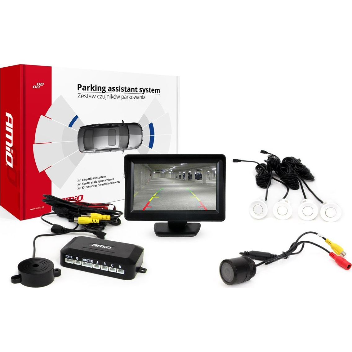 Amio Tolatóradar 4 Darab Fehér 22 mm-es Szenzorral, 4.3" Tft Monitorral + Éjjellátó (AMI-01579)