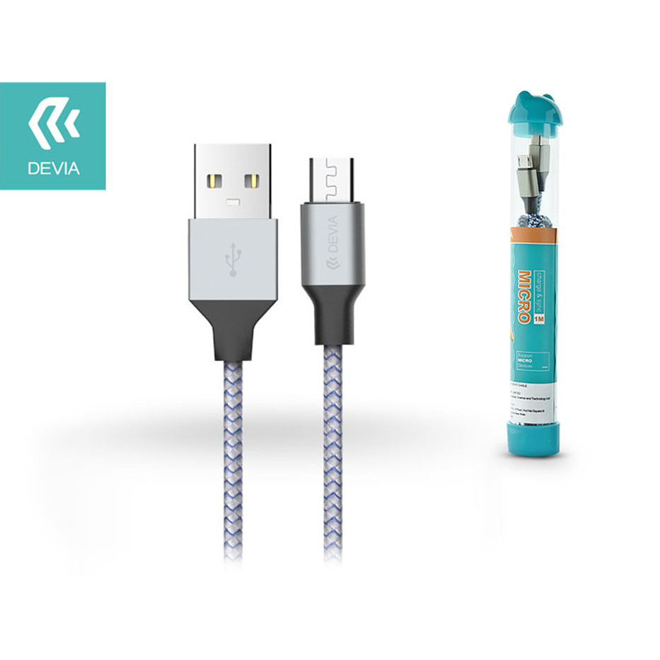 USB - micro USB adat- és töltőkábel 1 m-es vezetékkel - Devia Tube for Android USB 2.4A - silver/blue (ST301278)