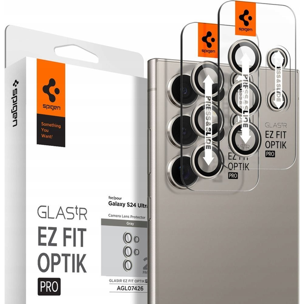 Комплект стъклени протектори за камера 2x5 Spigen Optik EZ FIT съвместими с Samsung Galaxy S24 Ultra Grey