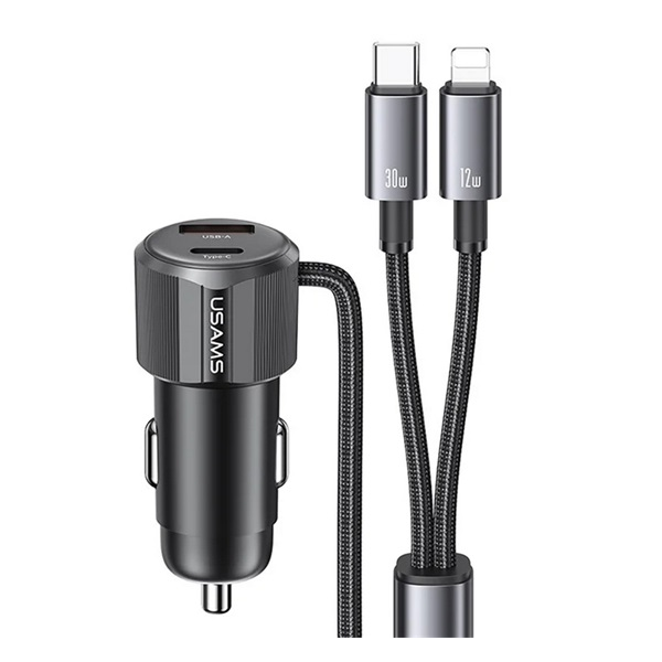 Usams autós töltő USB+Type-C aljzat (66W, PD gyorstöltő + fix Type-C - lightning kábel) FEKETE (CC287CC01)