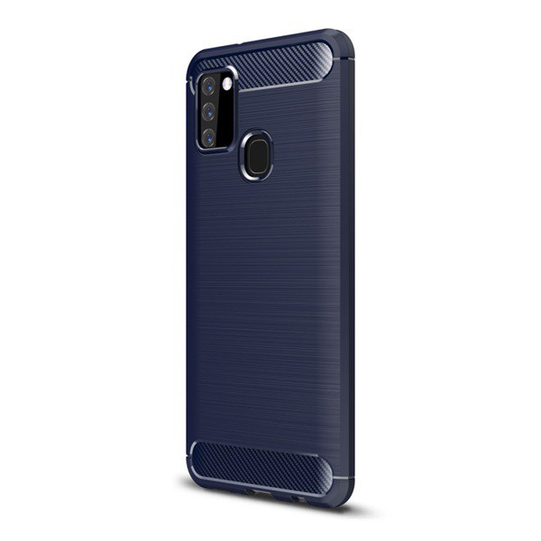 Szilikon telefonvédő (közepesen ütésálló, légpárnás sarok, szálcsiszolt, karbon minta) SÖTÉTKÉK [Samsung Galaxy A21s (SM-A217F)] (5996457985074)