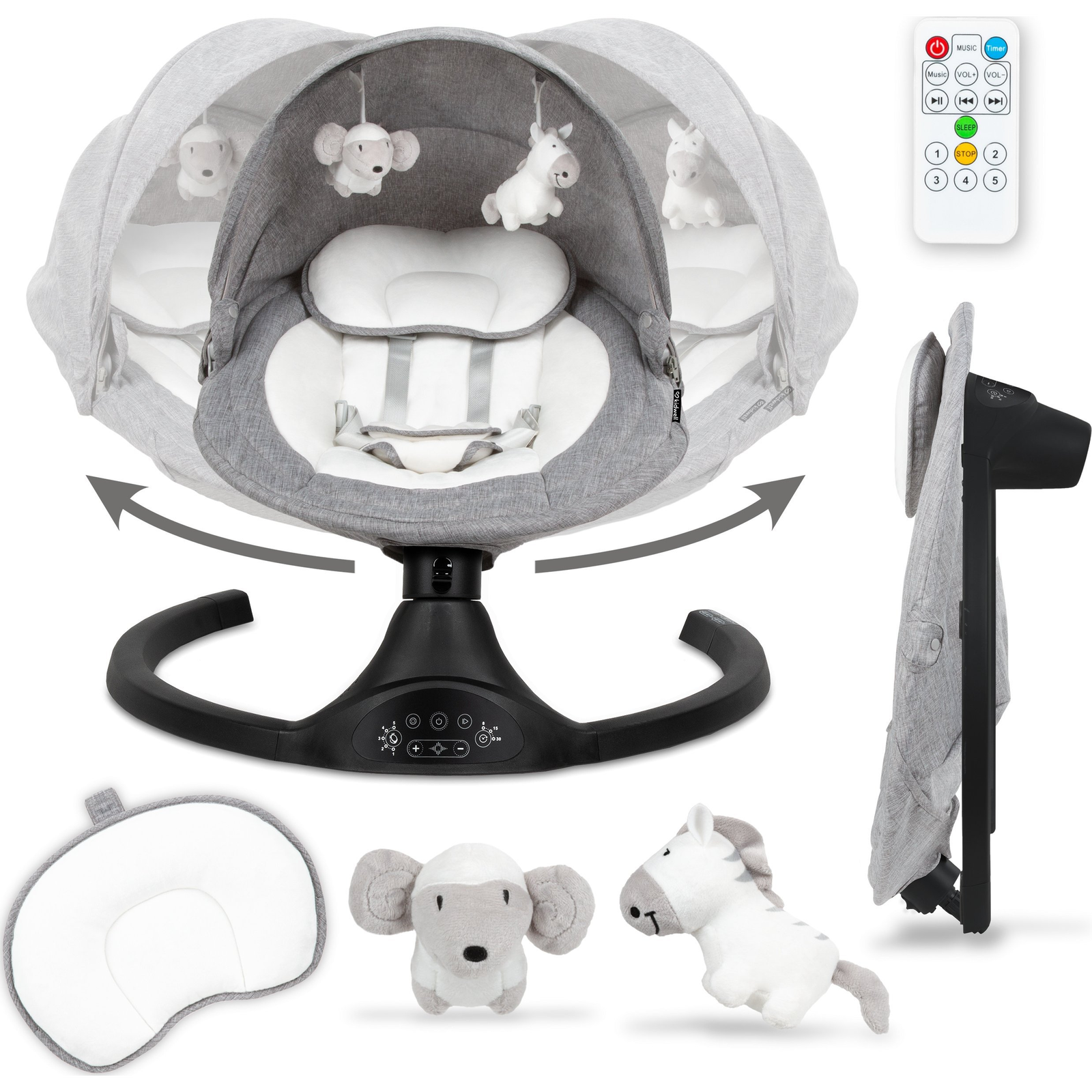 Kidwell LUXI 2 az 1-ben, ringató-zenélő elektromos babahinta és pihenőszék, sötét melange fekete talppal (BUELLUX01A5)