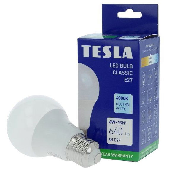 Tesla BULB, E27, 6W, 230V, 640lm, 25000h, 4000K nappali fehér, 220° (8596238004979)