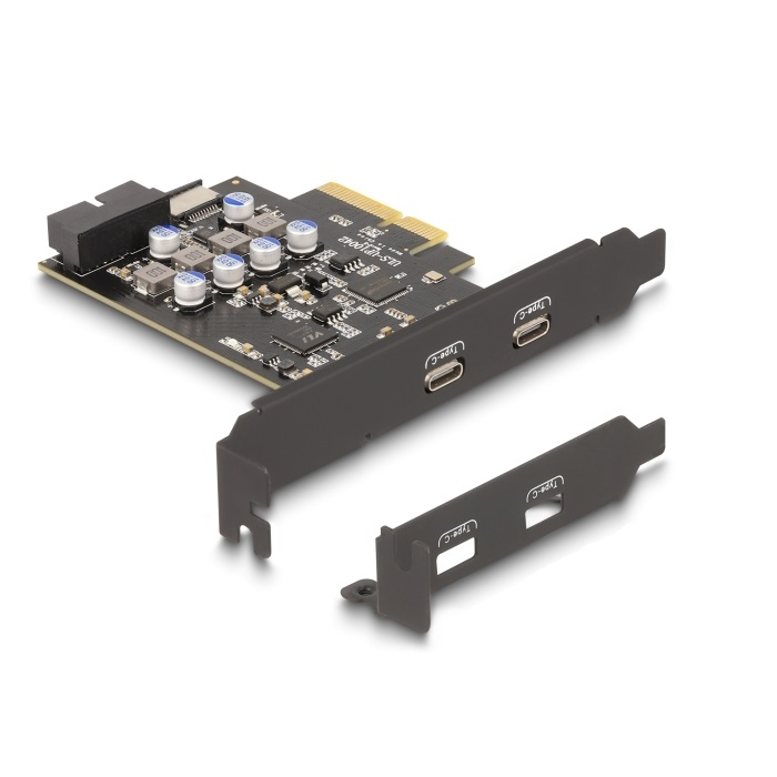 Delock PCI expressz x4 kártya - 2 x külső USB Type-C csatlakozó + 1 x belső USB 10 Gbps Type-E Key A and 1 x 19 pin USB pin header male - alacsony profilú formatényező (90345) (90345)