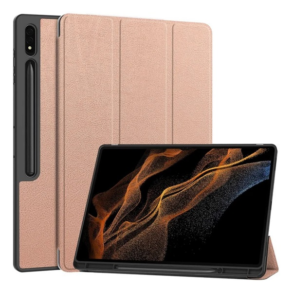 gigapack Tok álló, bőr hatású (aktív FLIP, oldalra nyíló, TRIFOLD, asztali tartó, ceruza tartó) ROZÉARANY Samsung Galaxy Tab S9 Ultra LTE (SM-X916) / Galaxy Tab S9 Ultra WIFI (SM-X910) / Galaxy Tab S8 Ultra LT (GP-163648)