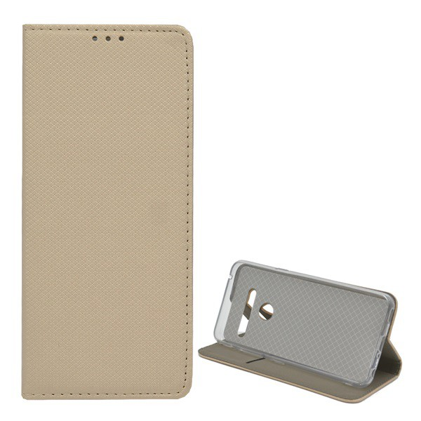 Tok álló, bőr hatású (FLIP, oldalra nyíló, asztali tartó funkció, rombusz minta) ARANY [LG G8 ThinQ (G820Q)] (5996457884957)