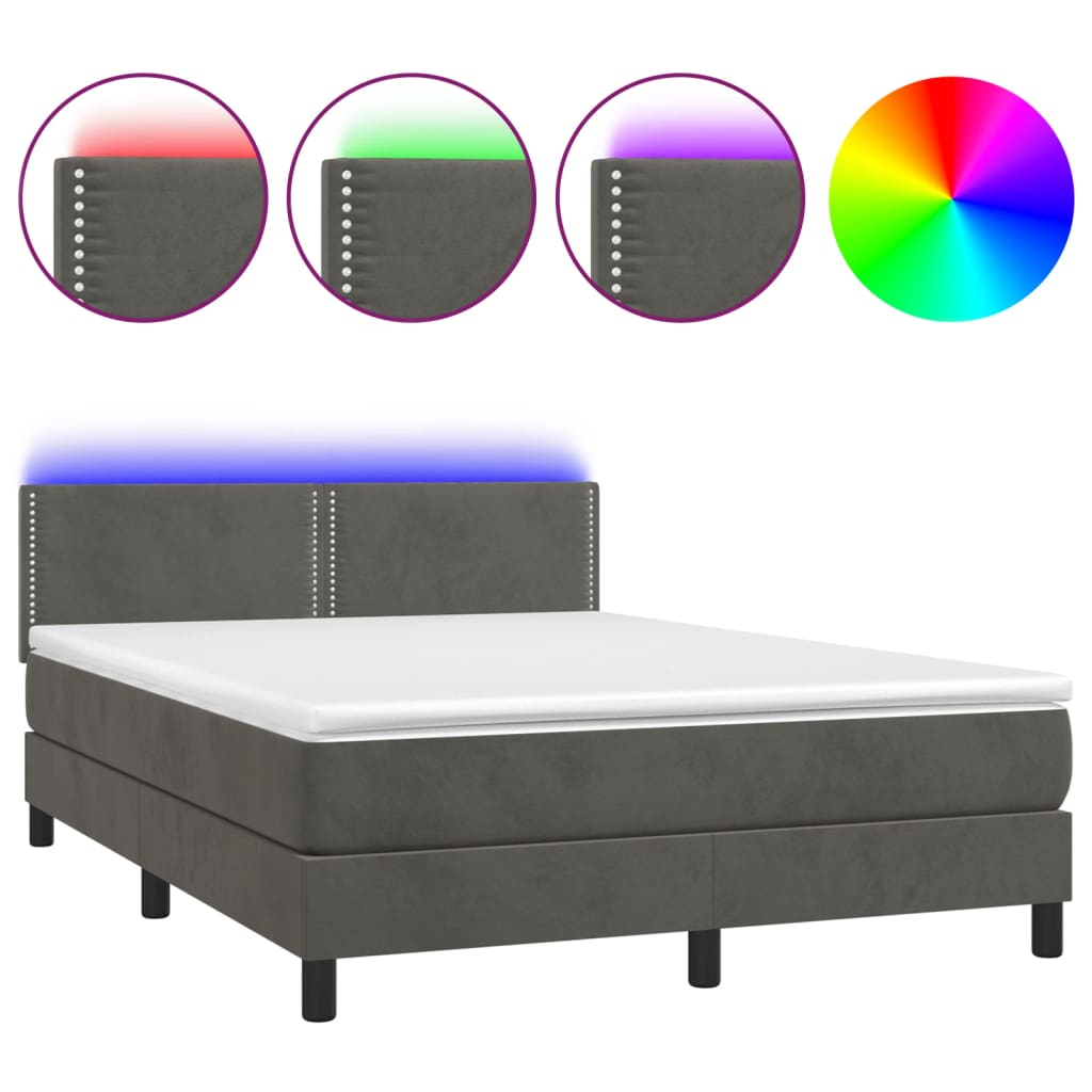 sötétszürke bársony rugós és LED-es ágy matraccal 140x190 cm (3134340)