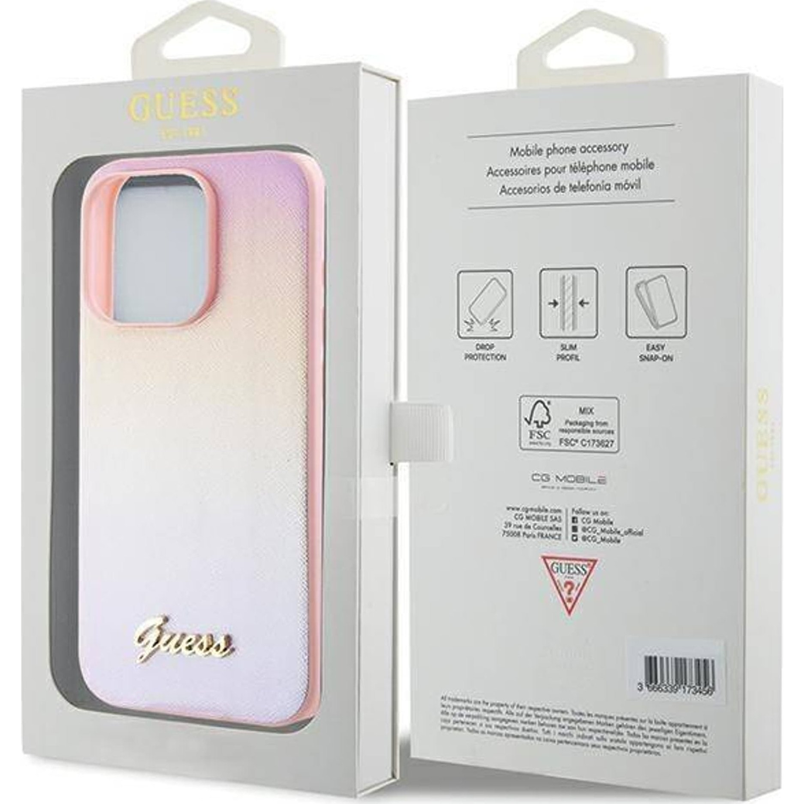 Guess PU Leather Iridescent Metal Script iPhone 15 Pro tok, rózsaszín (GSM180451)