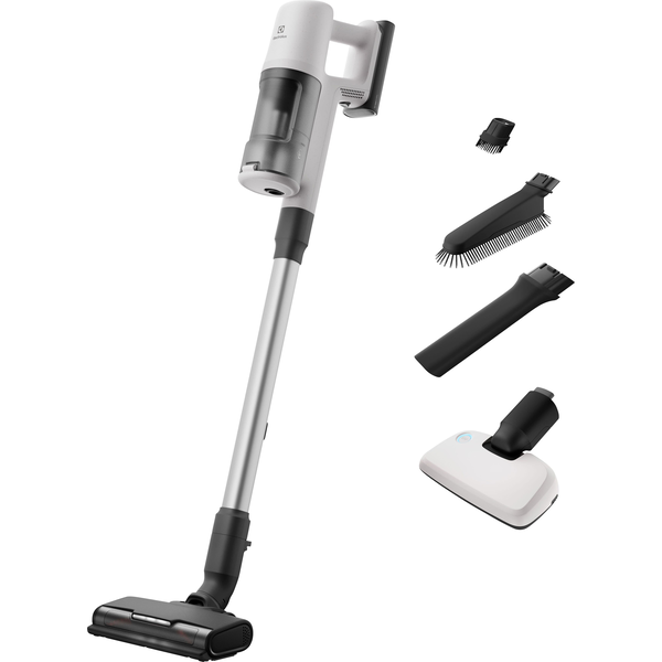 Вертикална прахосмукачка Electrolux Series 600 EP61HB21UV, 21.6V, 2500 mAh, Контейнер за прах 0.5 л, Тръба inox, PowerPro четка за много повърхности с LED, BedPro с UV светлина, 79 dB, автономност до 50 минути , White SHELL