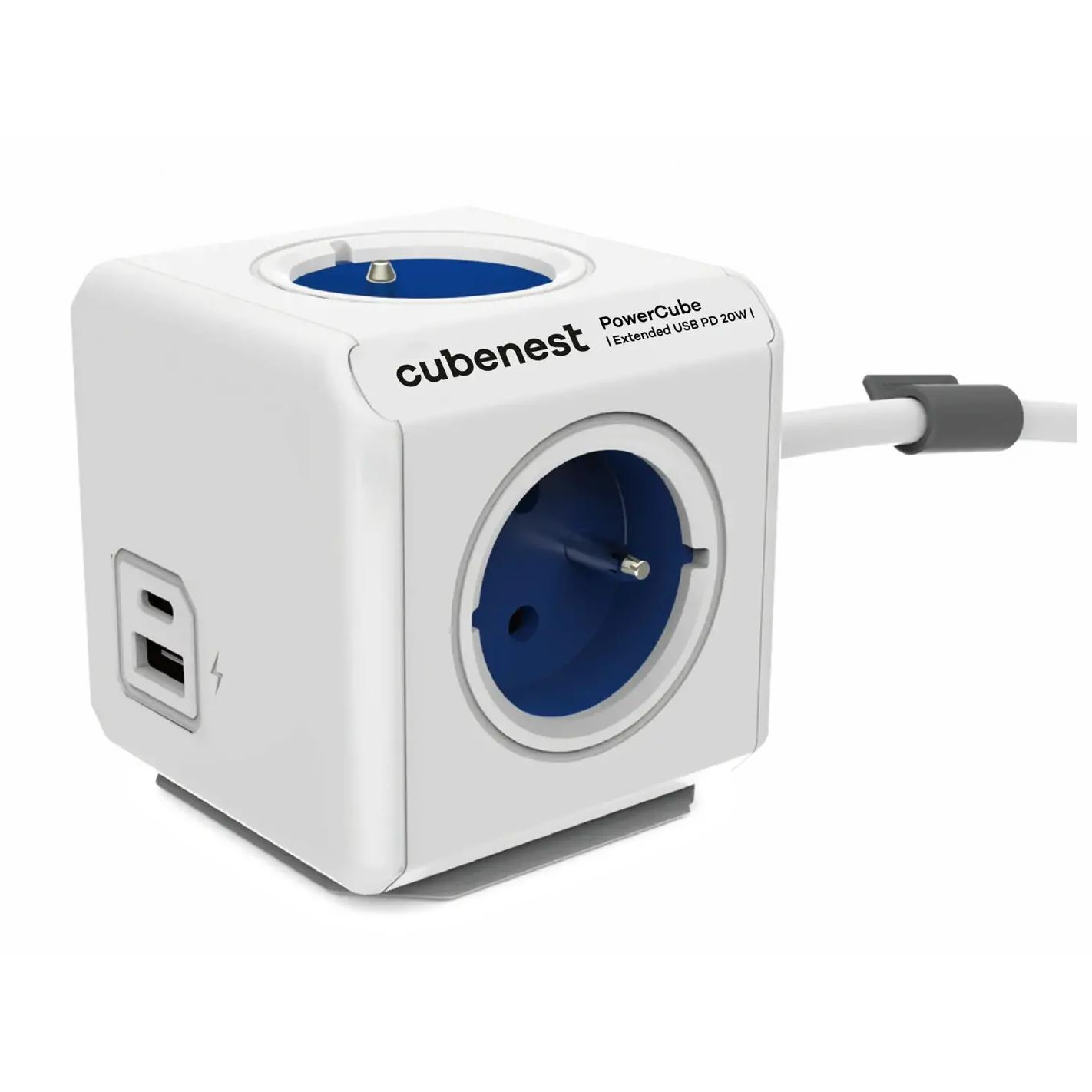 Cubenest Powercube Extended elosztó 4x aljzat 1x USB-A 1x USB-C 1.5m fehér-kék (6974699970835) (6974699970835)