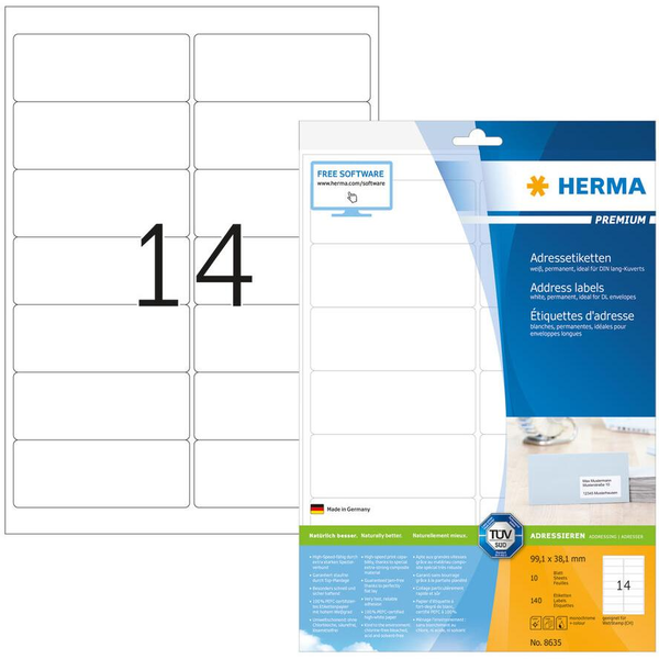 HERMA Adressetiketten A4 weiß 99,1x38,1 mm Papier 140 St. (8635)