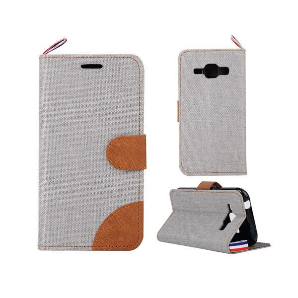 Tok álló, textil (FLIP, oldalra nyíló, asztali tartó funkció) SZÜRKE [Samsung Galaxy J1 (SM-J100)] (5996457575695)