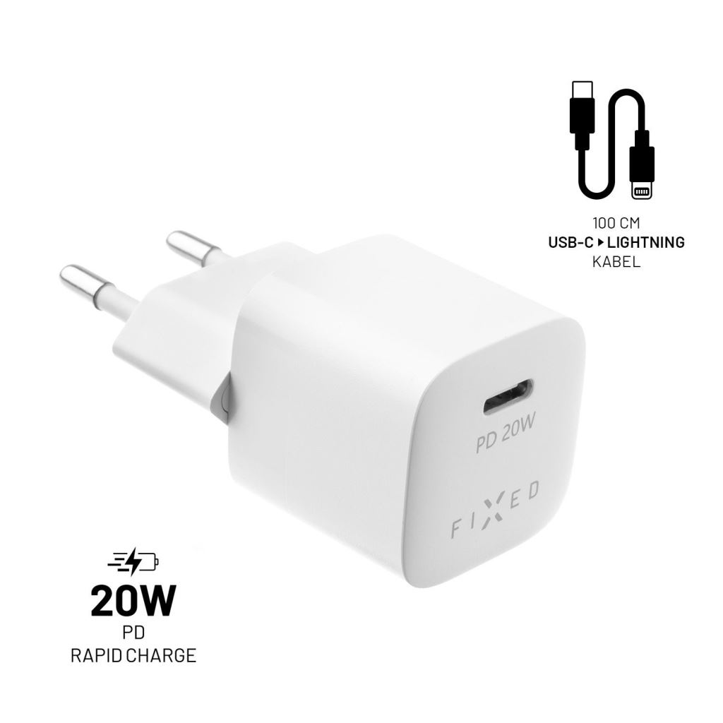 FIXED Mini Travel USB-C hálózati töltő 20W fehér + USB-C - Lightning kábel (FIXC20M-CL-WH) (FIXC20M-CL-WH)