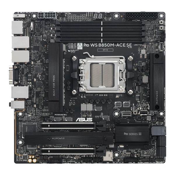 ASUS Pro WS B850M-ACE SE AMD Micro-ATX motherboard, with server-grade IPMI management, PCIe 5.0 x 16, PCIe 5.0 M.2, PCIe 5.0 MCIO, U.2 connector, 10Gb and 2.5Gb Ethernet, ready for USB4