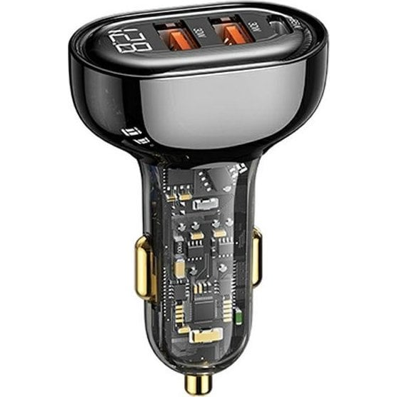 Usams autós töltő 2 USB+Type-C aljzat (125W, PD gyorstöltő, LED kijelző) FEKETE (CC158CC01)