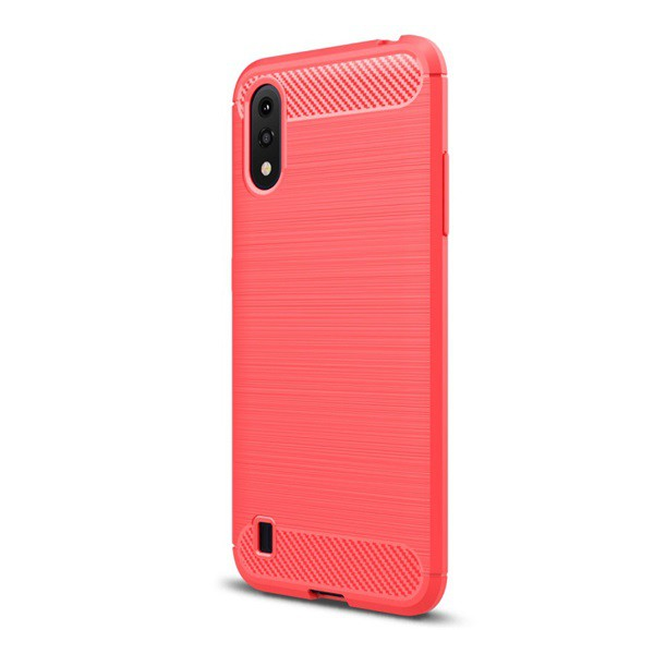 Szilikon telefonvédő (közepesen ütésálló, légpárnás sarok, szálcsiszolt, karbon minta) PIROS [Samsung Galaxy A01 (SM-A015F)] (5996457935208)