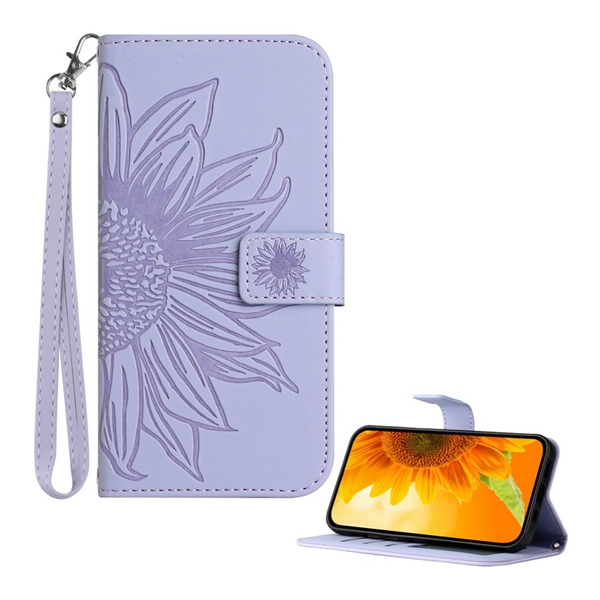 Tok álló, bőr hatású (FLIP, oldalra nyíló, asztali tartó, bankkártya tartó + kézpánt, napraforgó minta) VILÁGOSLILA T Phone 3 5G "Gigapack csomagolás" (GP-176307)