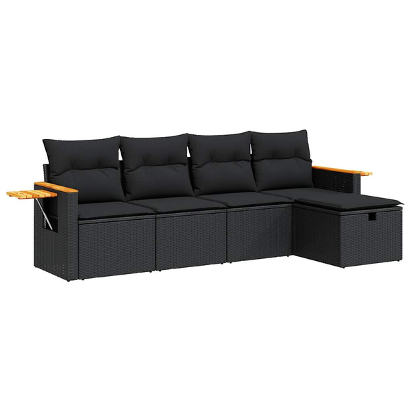 5 részes fekete polyrattan kerti kanapészett párnákkal