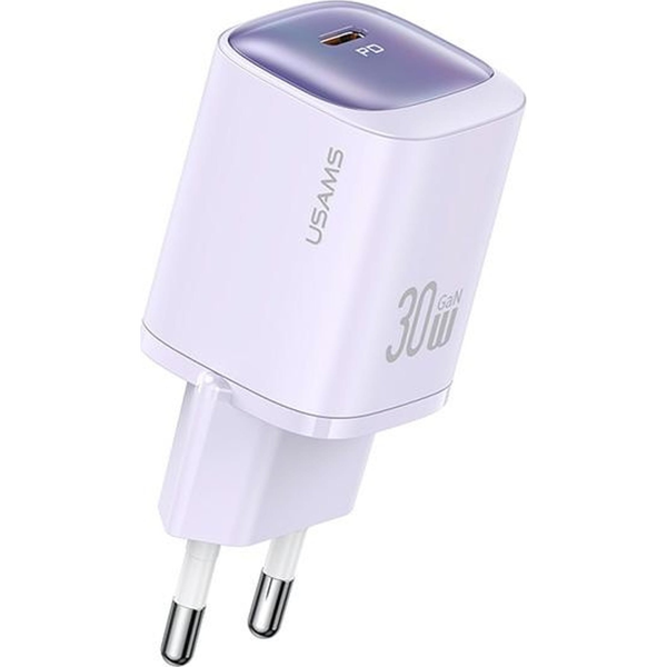 Мрежово зарядно 30W USAMS CC251, GaN технология, малък размер, лилав цвят, 36x33x80mm