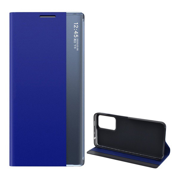 Tok álló, textil hatású (aktív FLIP, oldalra nyíló, asztali tartó funkció, Smart View Cover) SÖTÉTKÉK [Xiaomi Poco X4 5G NFC] (5996591230245)