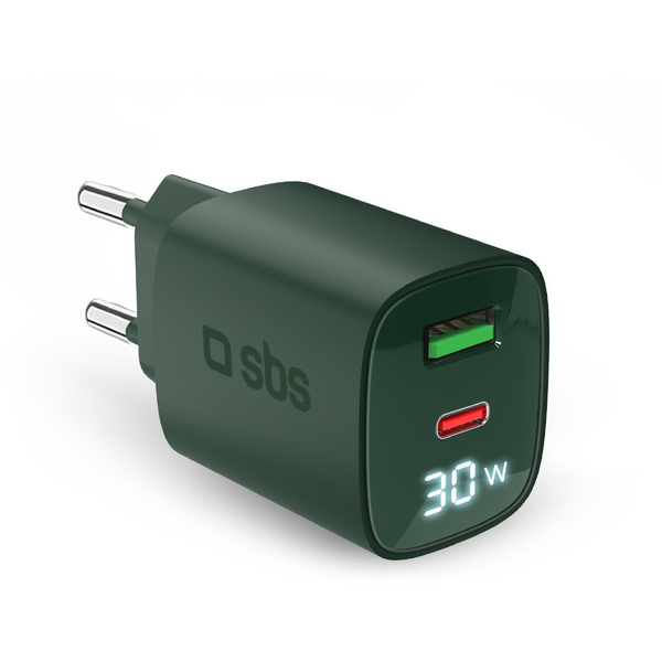 SBS LCD Wall Charger USB-A USB-C LCD 30 W green - Ladetajs