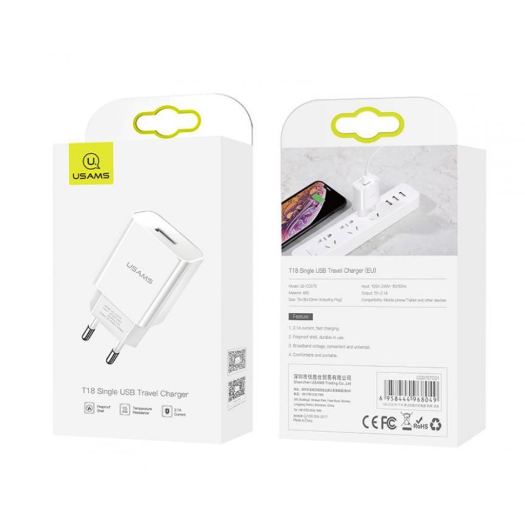 Nabíjačka sieťová Usams USB Usams 2100 mA 5 V US-CC075 biela (CC075TC01)