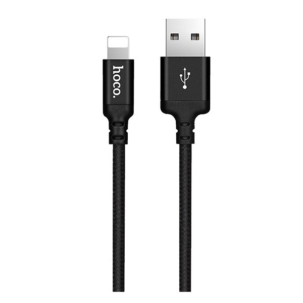 Cablu de transfer de date HOCO X14 si incarcator (fulger 8 pini, 200 cm, anti-rupere, suport pentru incarcare rapida, model de sireturi), negru