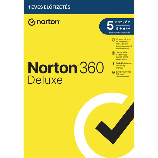 SW Norton 360 Deluxe - 21417483 - 50GB HU 1 felhasználó, 5 eszköz/1 év, elektronikus licenc